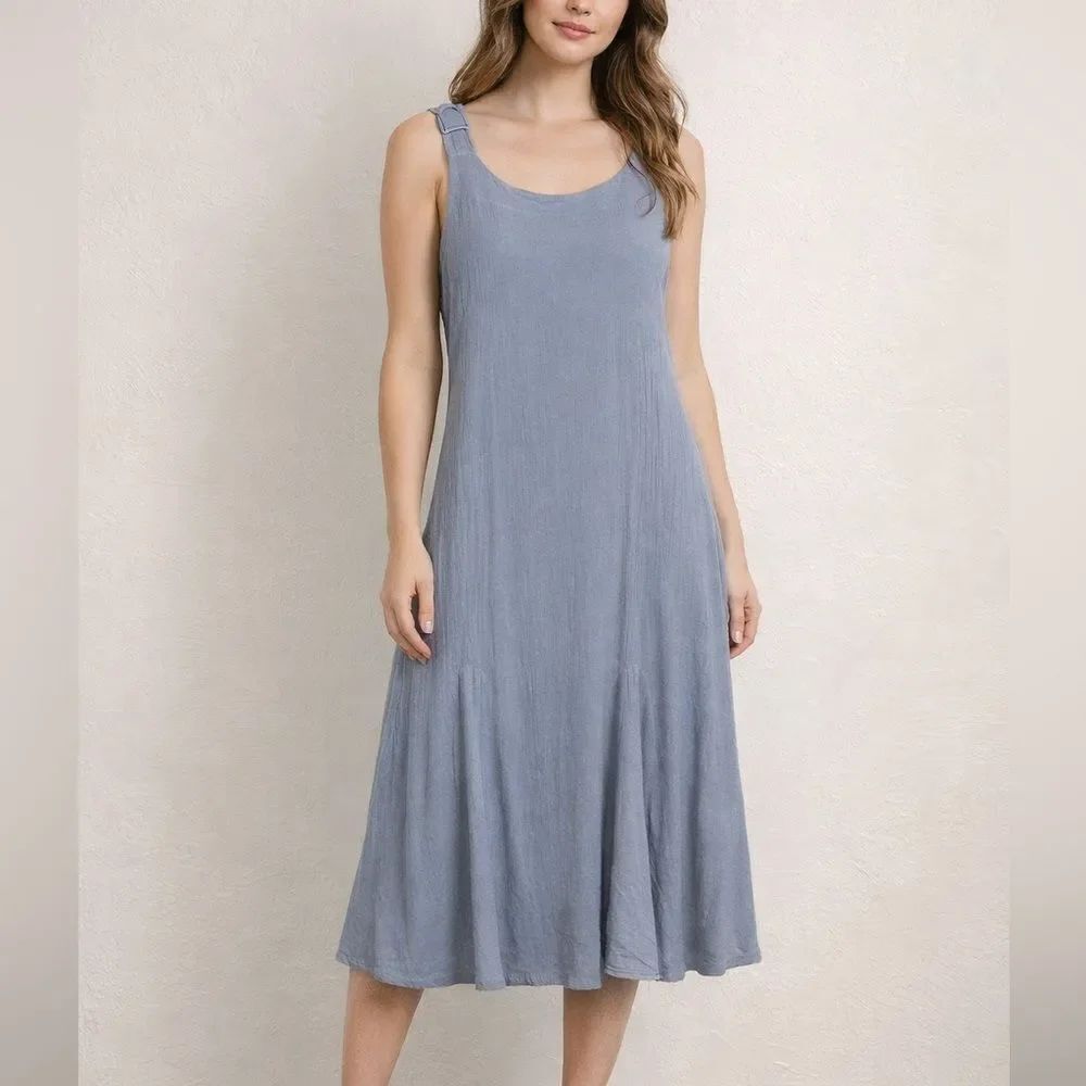 Oh My Gauze! Blue Cotton Sleeveless Midi Dress Flowy Crinkle Swing Size S/M